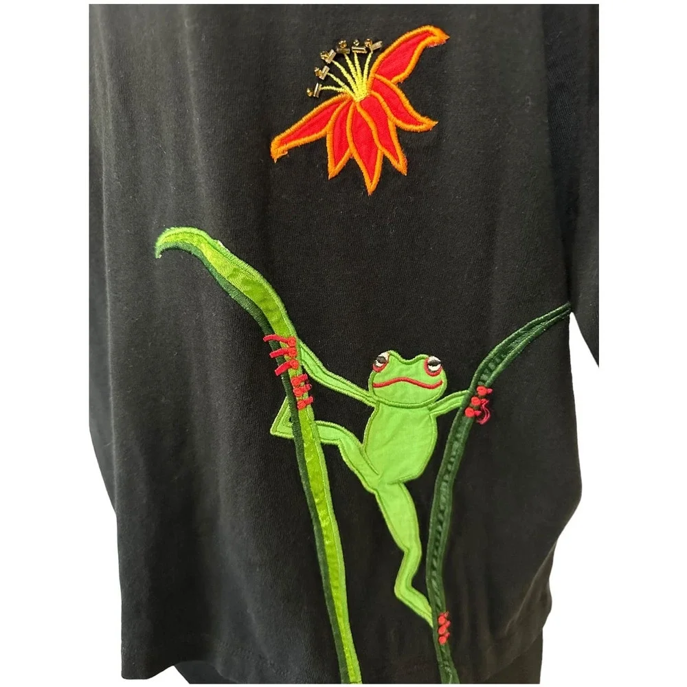 Michael Simon Black Frog and Flower Embroidered Short Sleeve Cardigan Size M - Picture 5 of 6